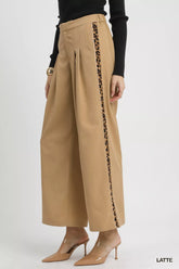 Umgee Front Pleated Wide-Leg Pants with Contrast Trim OutfitFlow
